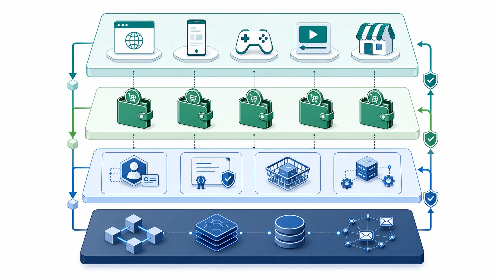 Layered BSV app architecture with apps, BRC-100 wallets, wallet services, overlays, storage, messaging, and the BSV blockchain